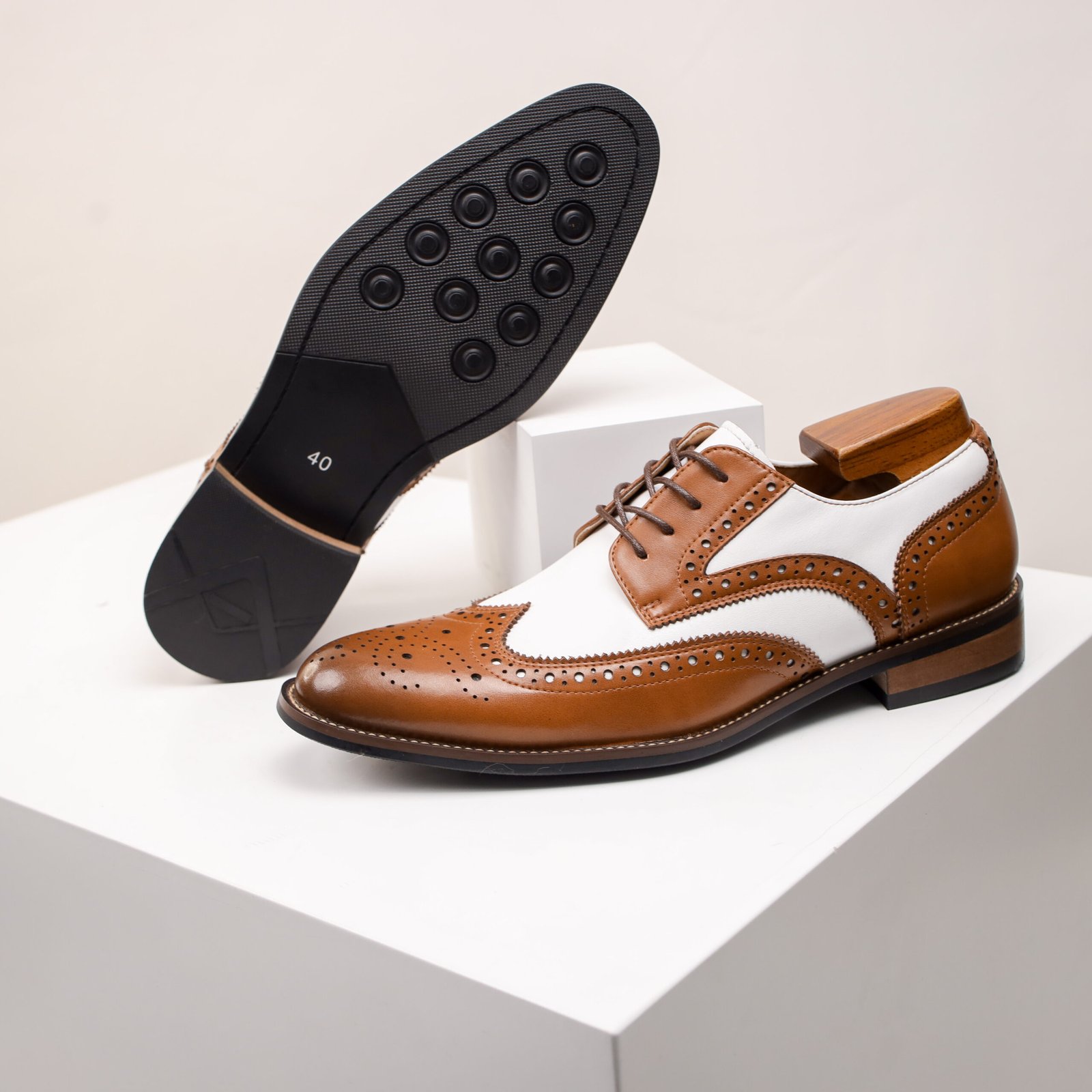 Classy Double Colour Carved Blok Leather Shoe - Image 6