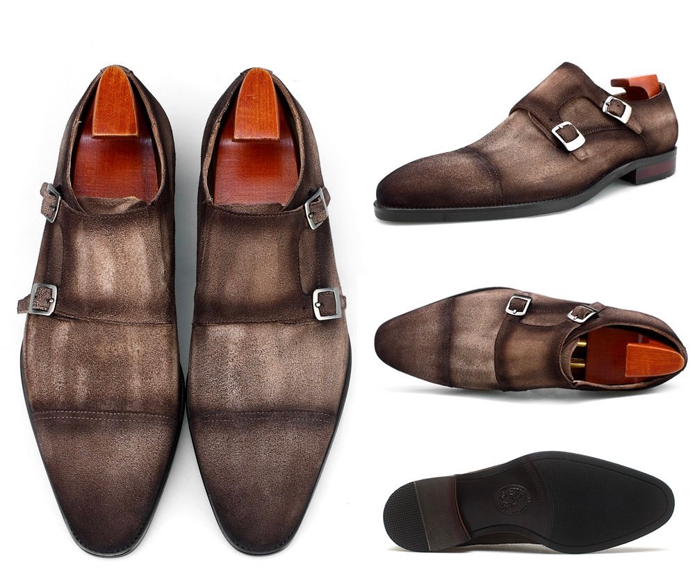 Suede Double Monk Strap Cap Toe Shoe